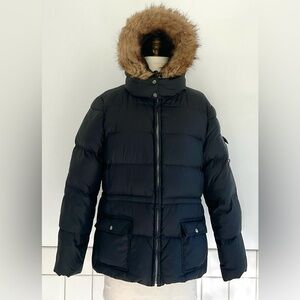 Marc New York Black Hooded Puffer Jacket with Faux Fur Trim Large